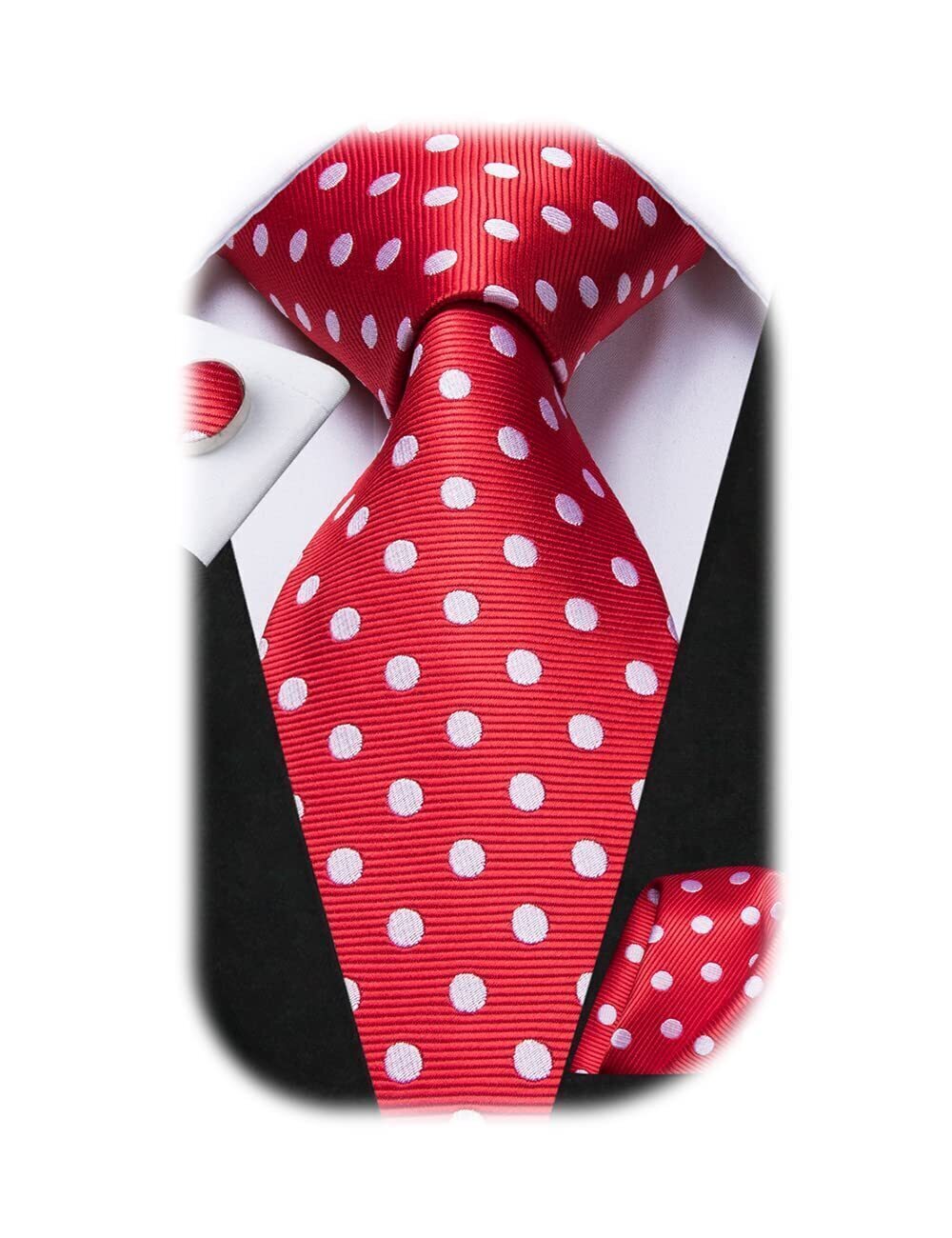 8163 Red White Dots Striped Tie WOVEN Necktie and Handkerchief Cufflinks